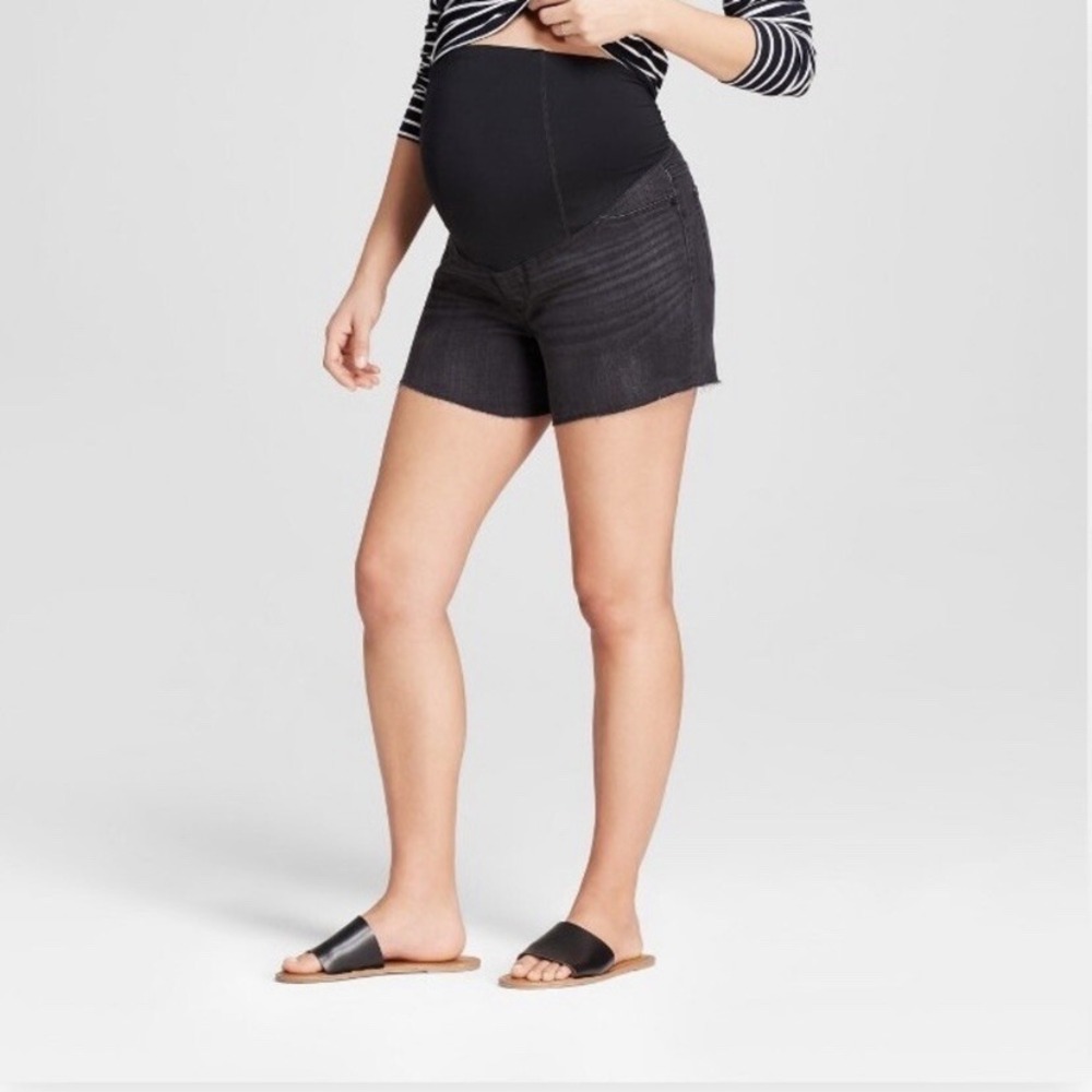 Isabel Maternity Bermuda Shorts Size 12 Black Denim Raw Hem Crossover Panel